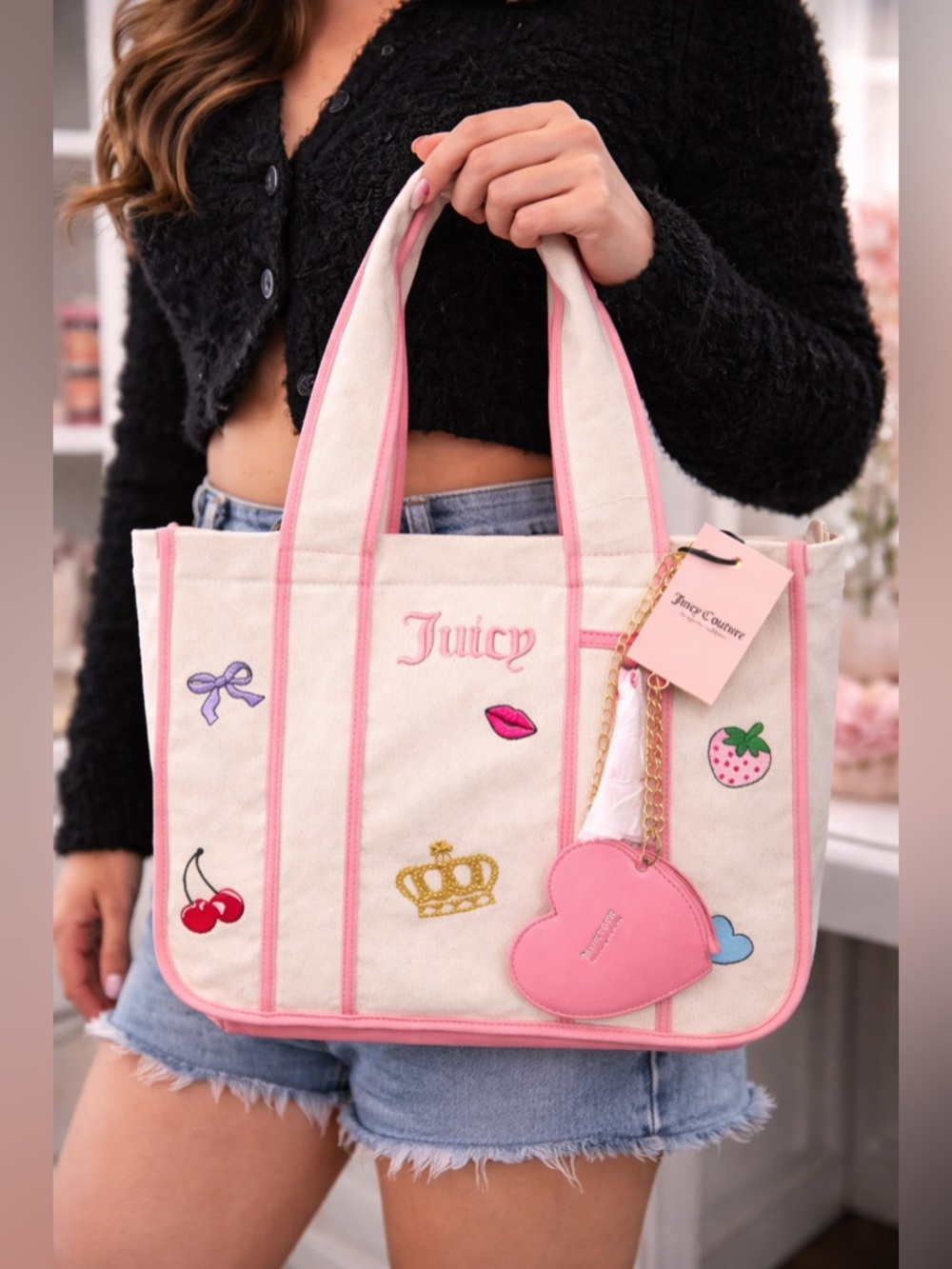 Juicy Couture Canvas Tote Bag Beige Pink Natural Have A Juicy Day